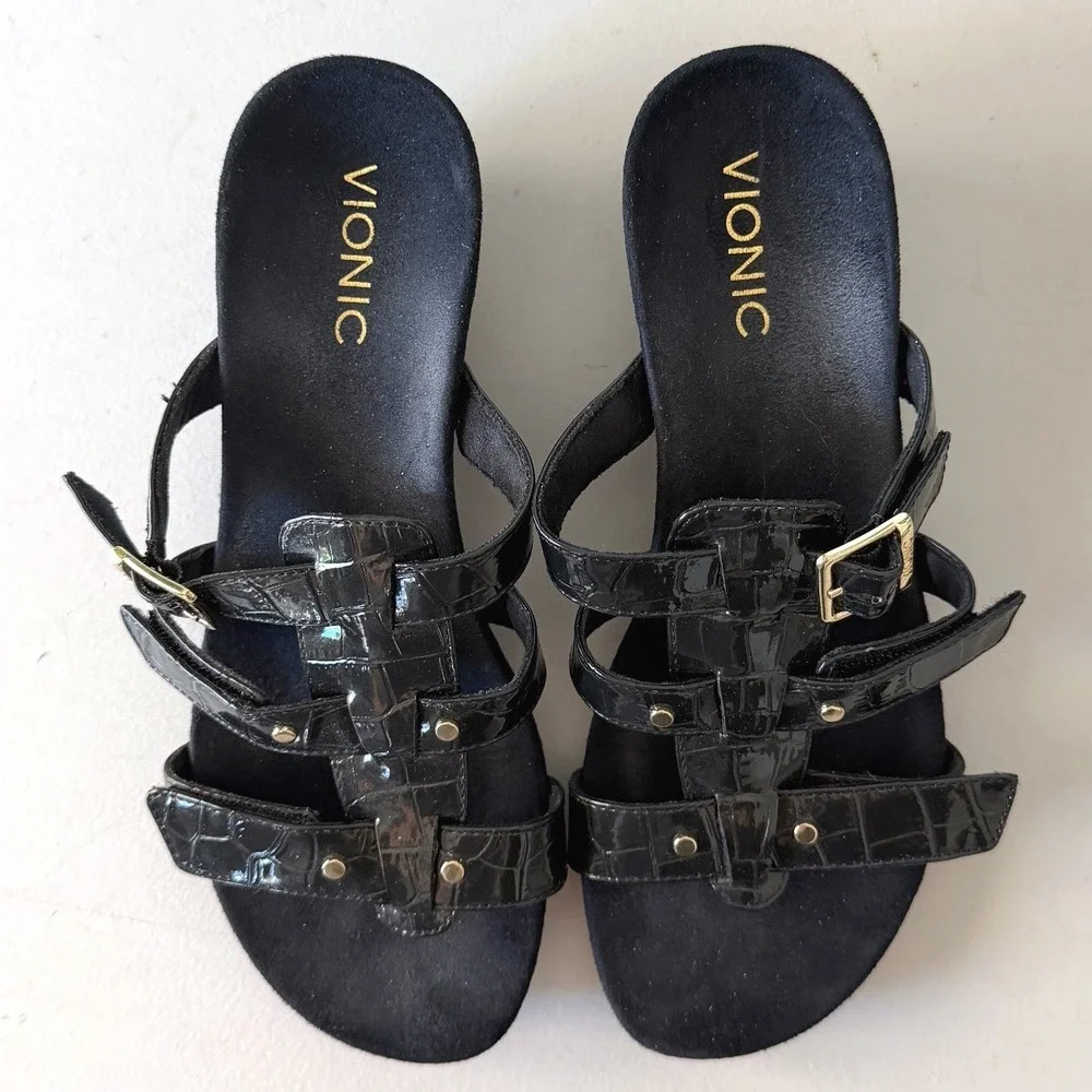 Vionic Black Croc Patent Leather Wedge Sandals Buckle Straps Womens 8 Wide